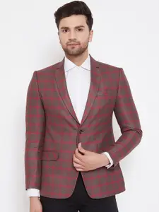Spirit Men Brown & Red Checked Tailored-Fit Formal Blazer