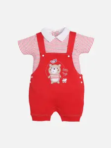 BABY GO Boys Red & White Pure Cotton Dungaree With T-Shirt