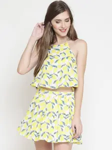 Sera White & Yellow Tropical Printed Halter Neck A-Line Mini Dress