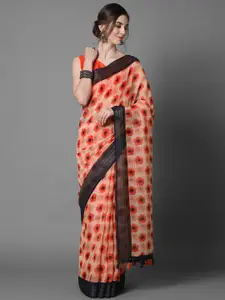 Mitera Cream & Red Floral Linen Blend Saree
