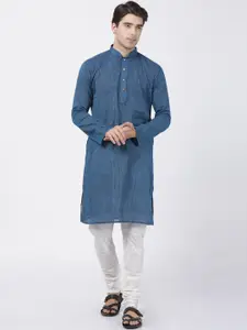 VASTRAMAY Men Blue Striped Pure Cotton Handloom Kurta with Pyjamas