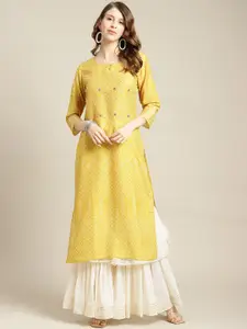 Varanga Women Mustard Yellow Bandhani Printed Keyhole Neck Kurta