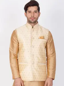 VASTRAMAY Men Gold-Coloured Woven Design Nehru Jacket
