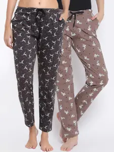 Kanvin Women Pack Of 2 Charcoal Coloured & Brown Printed Pure Cotton Lounge Pants