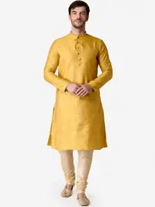 TABARD Men Yellow & Beige Silk Blend Plain Kurta With Churidar
