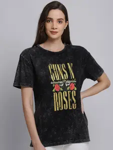 Free Authority Women Charcoal Guns & Roses Printed Drop-Shoulder Sleeves T-shirt