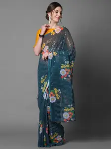 Mitera Teal & White Floral Sequinned Poly Georgette Saree
