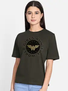 Free Authority Women Olive Green Cotton Wonder Woman Printed Pure Cotton T-shirt