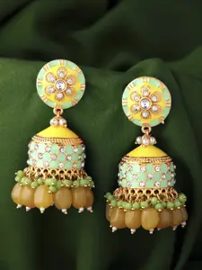 Yellow Chimes Yellow & Green Dome Shaped Meenakari Handcrafted Jhumka Earrings