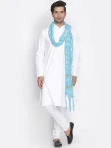 VASTRAMAY Men White and Blue Cotton blend Solid Regular Kurta Set with Dupatta
