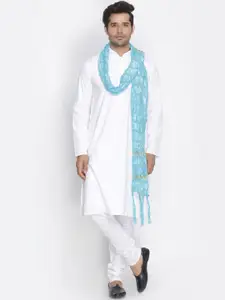 VASTRAMAY Men White and Blue Cotton blend Solid Regular Kurta Set with Dupatta
