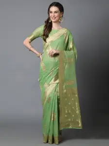 Mitera Green & Gold-Toned Floral Silk Blend Banarasi Saree