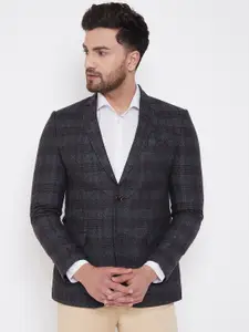 Spirit Men Charcoal Grey Checked Tailored-Fit Single-Breasted Casual Blazer
