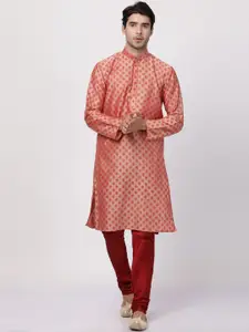 VASTRAMAY Men's Orange Block Print Kurta with Churidar