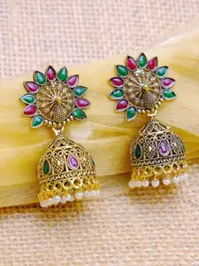Crunchy Fashion Gold-Toned & Blue Contemporary Jhumkas Earrings
