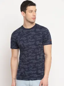 Lee Men Navy Blue & Black Printed Cotton Slim Fit T-shirt