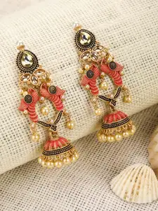 Priyaasi Pink & Gold-Toned Peacock Shaped Jhumkas Earrings
