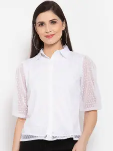 Style Quotient Women White Standard Sheer Polka Dots Self Design Casual Shirt