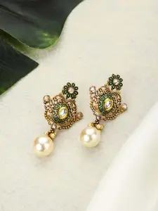 Priyaasi Green Gold Plated Floral Kundan Drop Earrings