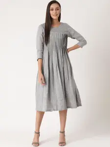 ROOTED Grey Linen A-Line Linen Midi Dress