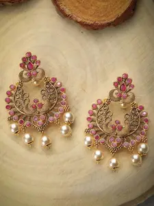 Priyaasi Gold Plated Contemporary Pearls Ruby Studded Handcrafted Chandbalis Earrings