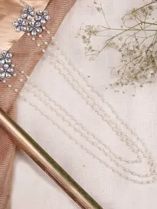 TEEJH Silver & White Brass Layered Pearl Oxidized Long Necklace