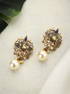 Priyaasi Blue & Gold-Plated Kundan & Pearl Studded Peacock Shaped Studs Earrings
