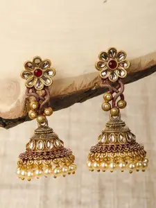 Priyaasi Women Red Kundan Handcraft Gold-Plated Jhumka Earrings