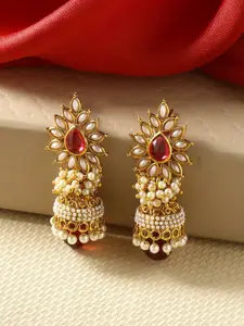 Fabstreet Gold-Plated & White Dome Shaped Jhumkas Earrings