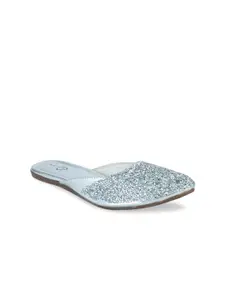 The Desi Dulhan Women Silver-Toned Embellished Party Mules Flats