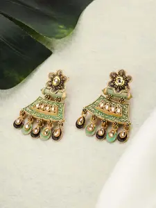 Priyaasi Gold-Plated & Sea Green Kundan Studded Handcrafted Contemporary Drop Earrings