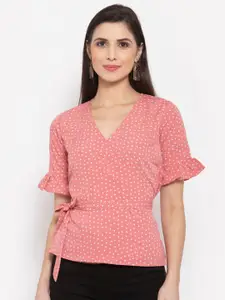Style Quotient Pink Polka dots Printed Bell Sleeve Crepe Wrap Top