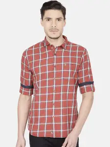 Oxemberg Men Orange Slim Fit Windowpane Checks Checked Casual Shirt