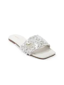 FOREVER 21 Women White Embellished Open Toe Flats