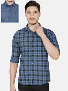 Oxemberg Men Blue Slim Fit Tartan Checks Checked Reversible Casual Shirt