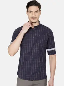 Oxemberg Men Navy Blue Slim Fit Grid Tattersall Checks Cotton Casual Shirt