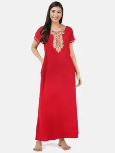 KOI SLEEPWEAR Woman Red Embroidered Cotton Maxi Nightdress
