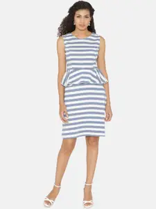 Yaadleen Blue & White Striped Georgette Sheath Dress