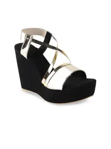 Shoetopia Gold-Toned & Black Party Wedge Sandals