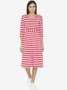 Yaadleen Red & White Striped Georgette A-Line Midi Dress