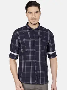 Oxemberg Men Navy Blue Slim Fit Windowpane Checks Checked Casual Shirt