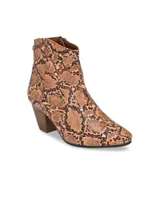 Delize Brown Snake-SKin Printed Block Heeled Boots