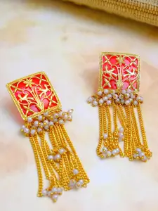 Crunchy Fashion Red Gold-Plated Tasseled Contemporary Drop Earrings With Pearls