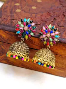 Crunchy Fashion, Oxidized German Gold-Plated & Multicolour, Dome Shaped Jhumka Earrings