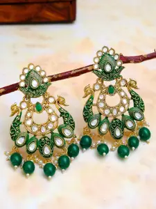 Crunchy Fashion Gold-Plated & Green Peacock Design Meenakari Dangler Earrings