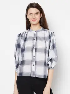 Purple State White & Navy Blue Checked Mandarin Collar Puff Sleeve Shirt Style Cotton Top
