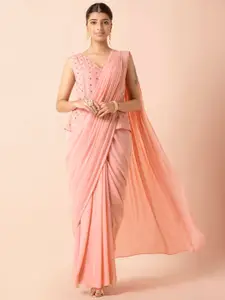 INDYA Pink Pure Georgette Mirrored Sequin Peplum Sari Tunic