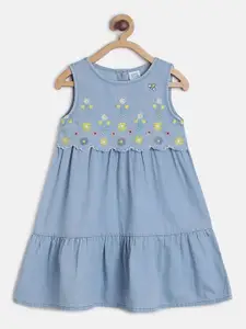 MINI KLUB Blue & Yellow Floral Embroidered A-Line Dress