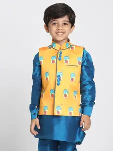 VASTRAMAY Boys Orange & Blue Printed Slim-Fit Satin Nehru Jacket