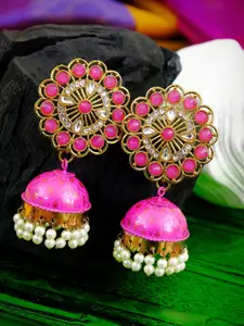 Crunchy Fashion Gold & Pink Contemporary Jhumkas Earrings